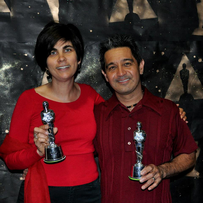 Our November volunteer in the spotlight is Filmworks advisory board member Sasha Khokha, pictured here with husband Karl Kaku and a pair of fake Oscars. Sasha recently won a real-life Emmy Award for her reporting work for KQED.